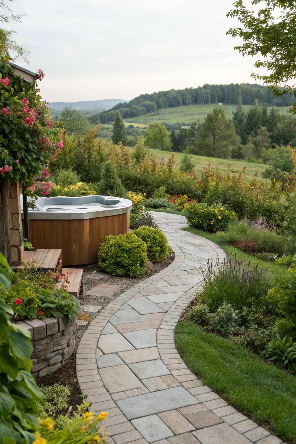 A garden pathway adds charm and elegance to your hot tub space.
