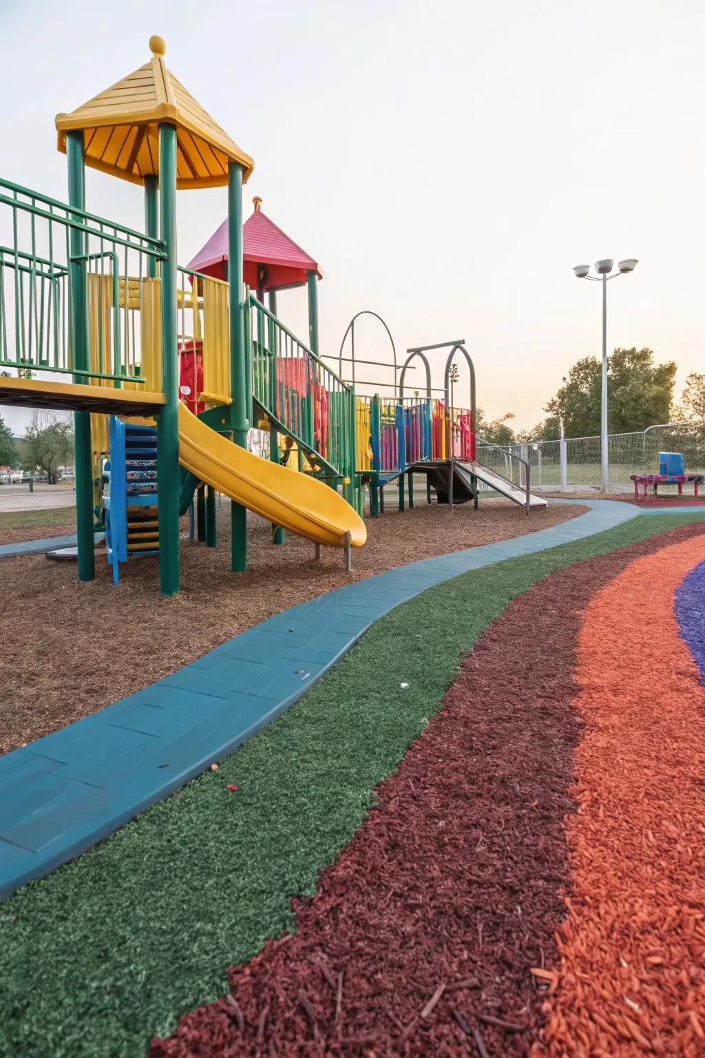 Eco-rubber mulch provides a sustainable and colorful playground surface.
