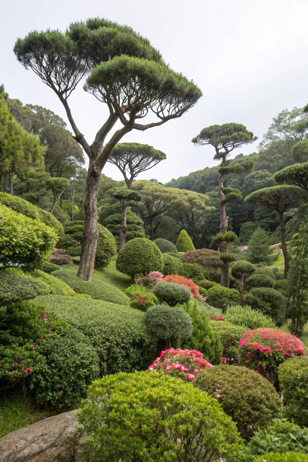 Layered garden design with podocarpus for added depth.