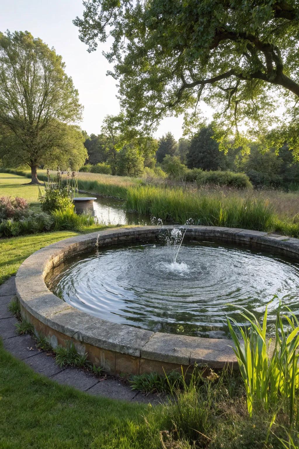 Cyclical ponds create a dynamic water flow in the garden.