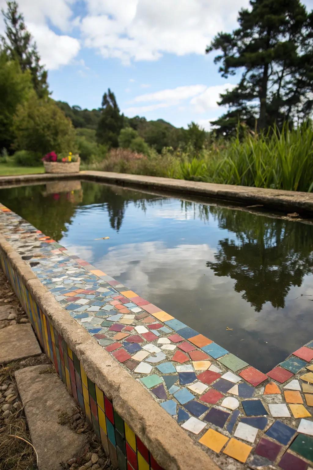 Mosaic tiles add a personal and artistic touch to pond edges.