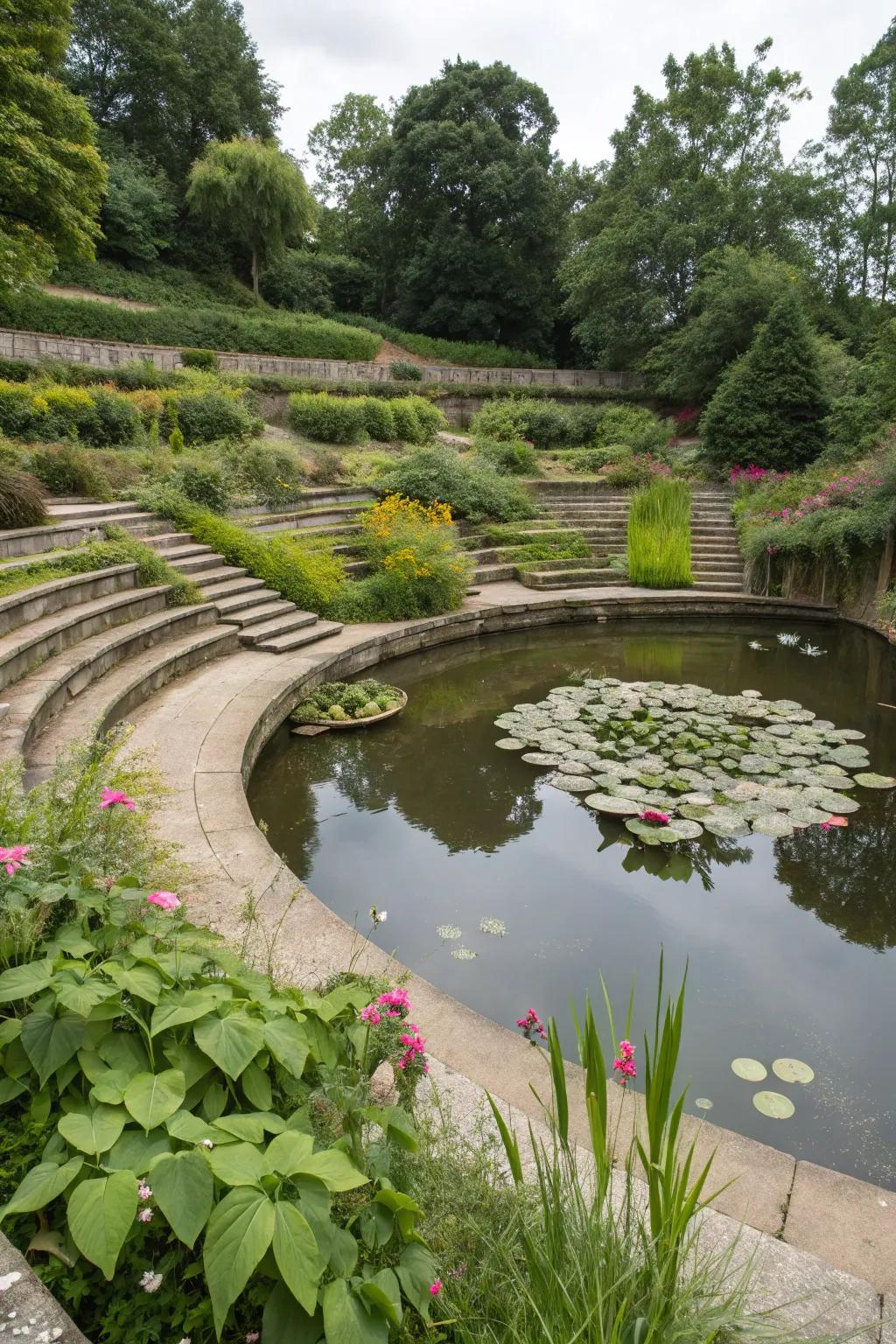 Amphitheater ponds offer a dramatic and unique garden feature.