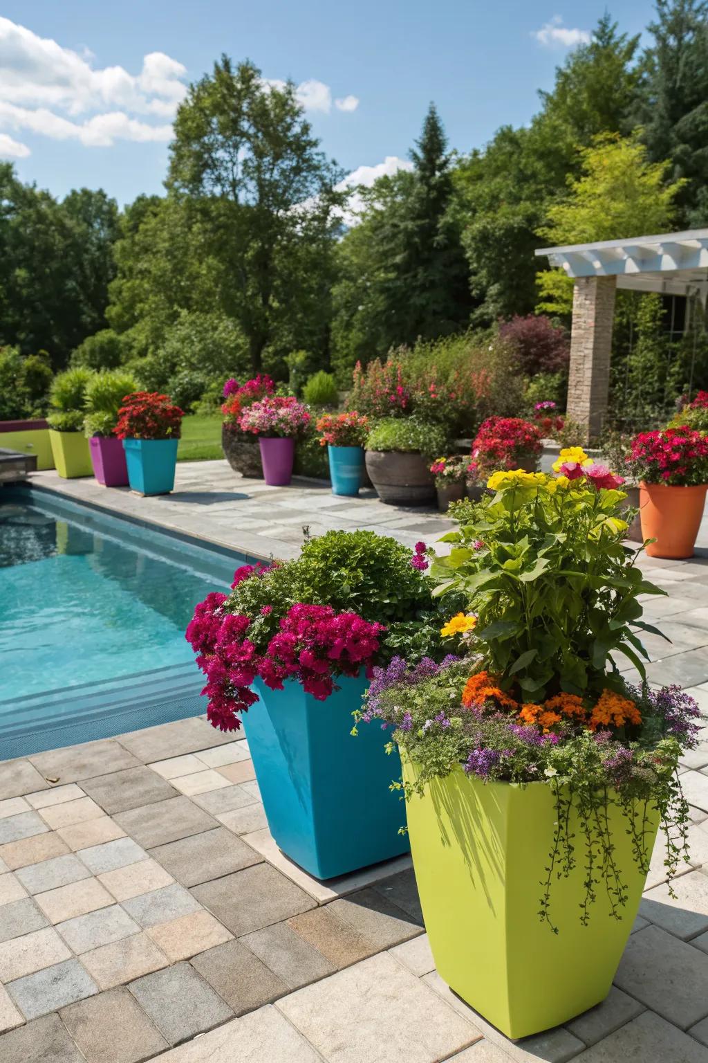 Container plants bring color and flexibility to the poolside.