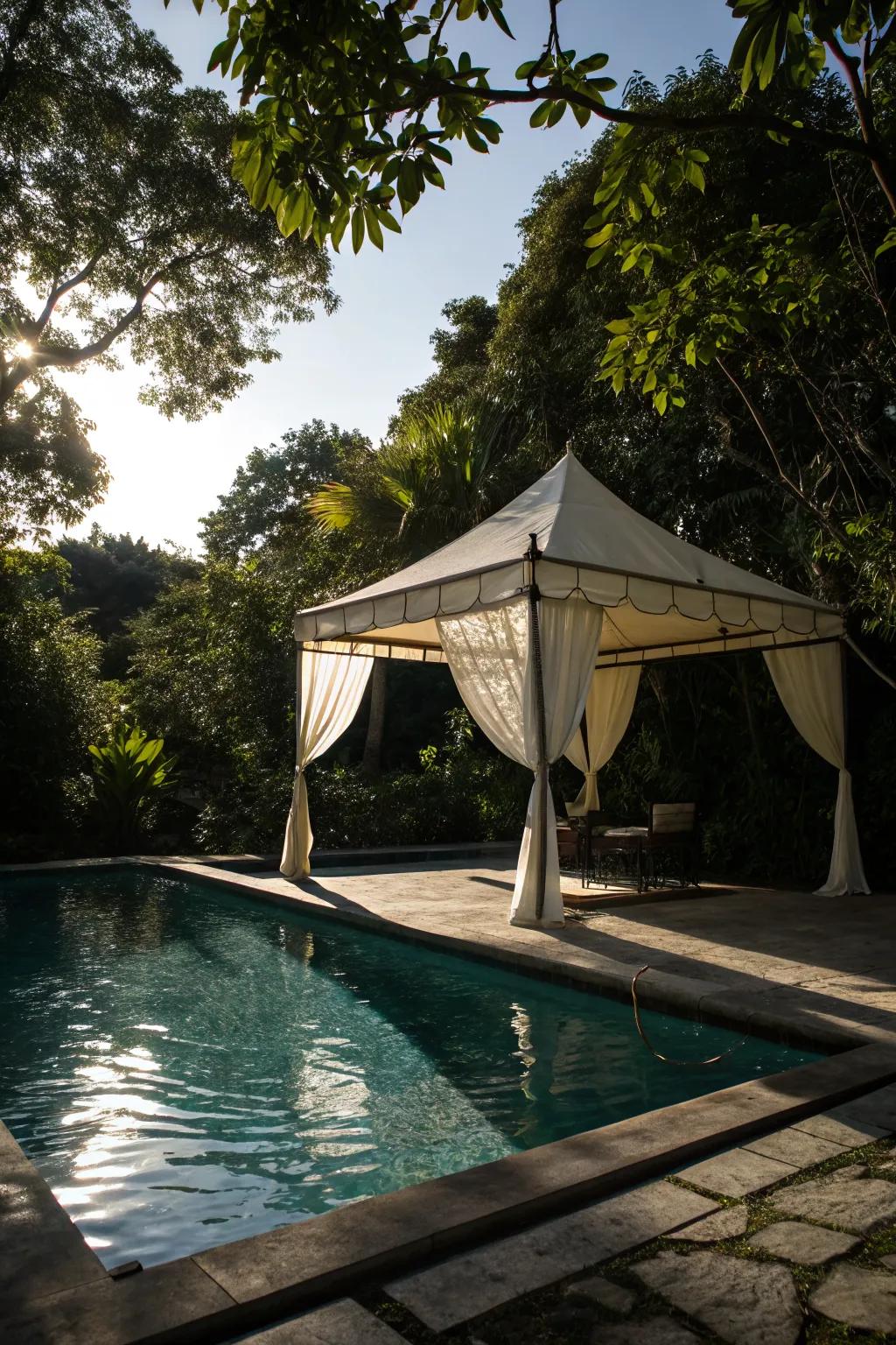 A floating canopy creates a striking and memorable poolside experience.
