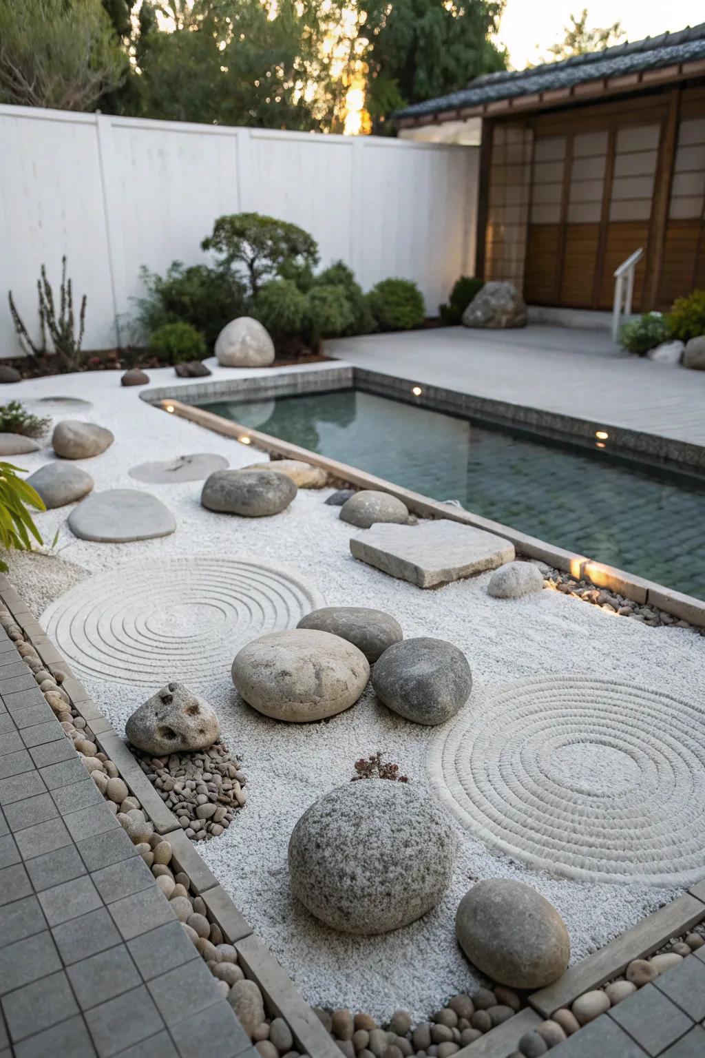 A tranquil Zen rock garden replaces the pool.