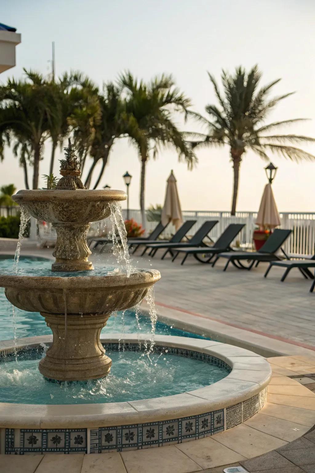 A pool deck featuring a small decorative water fountain.