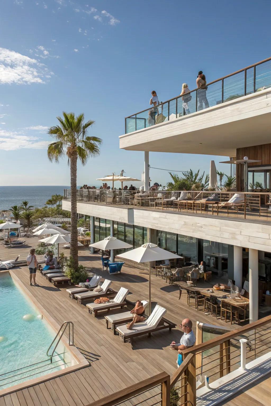 A dynamic multi-level pool deck offering distinct lounging zones.