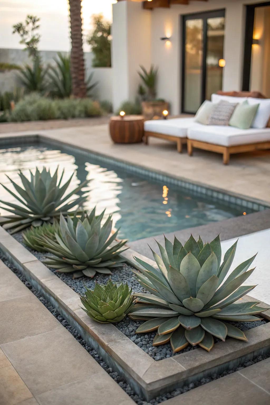 Sculptural plants like agave add an artistic flair to your poolside.