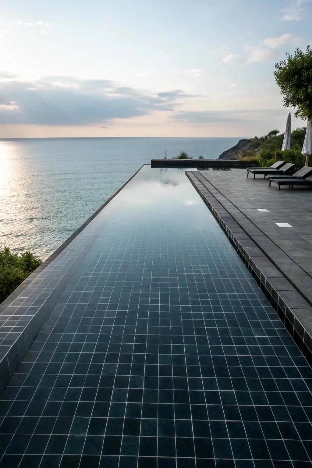 Dark porcelain tiles create a stunning infinity edge illusion.