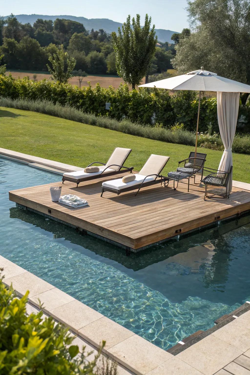 A floating deck setup over a pool with lounge chairs.