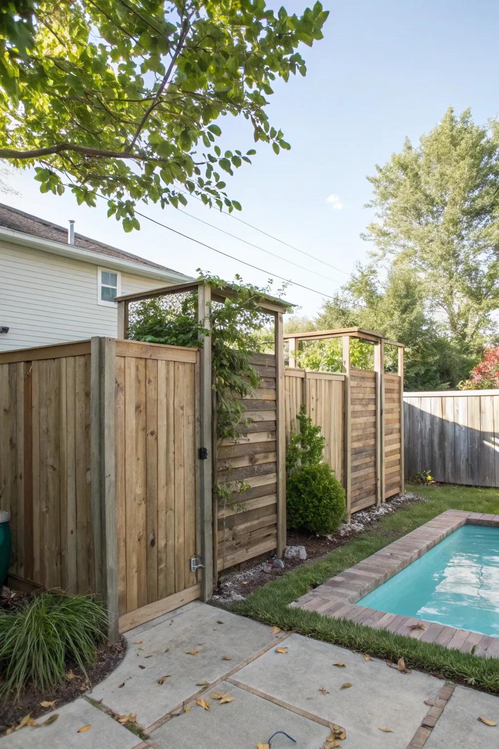 DIY privacy screens offer a rustic solution to conceal pool equipment.