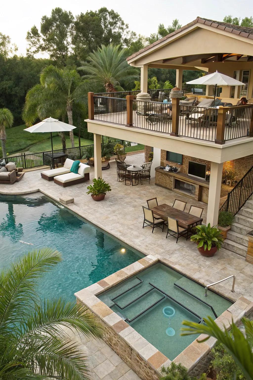 A multi-level terrace adds depth and versatility to pool areas.