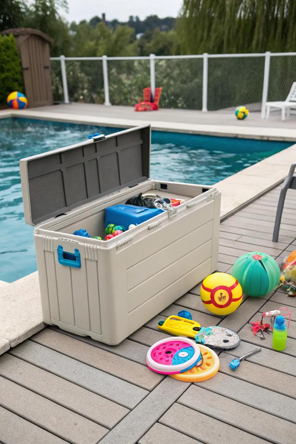 Weatherproof storage ensures your pool toys are always ready for play.