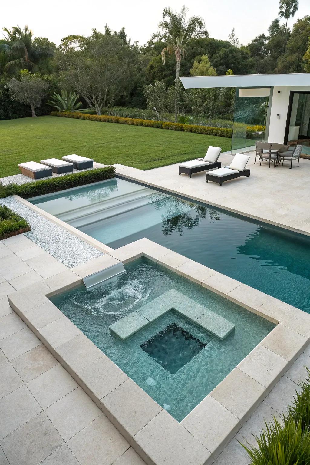 A geometric pool and jacuzzi featuring modern design and clean lines.