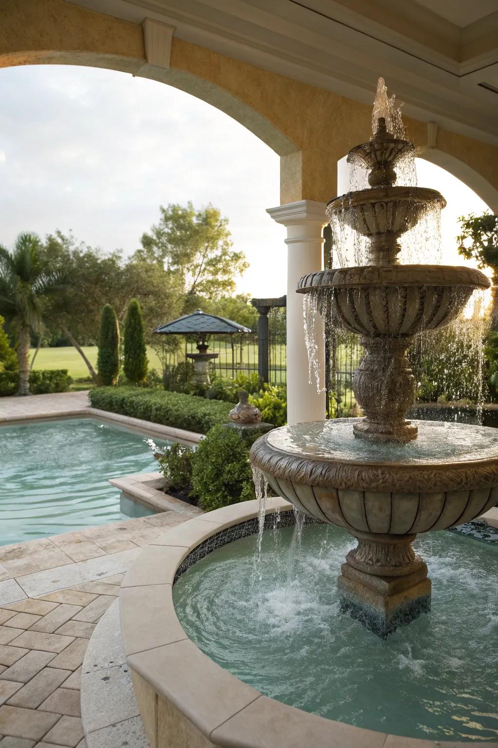 A decorative water feature adds tranquility to the lanai.
