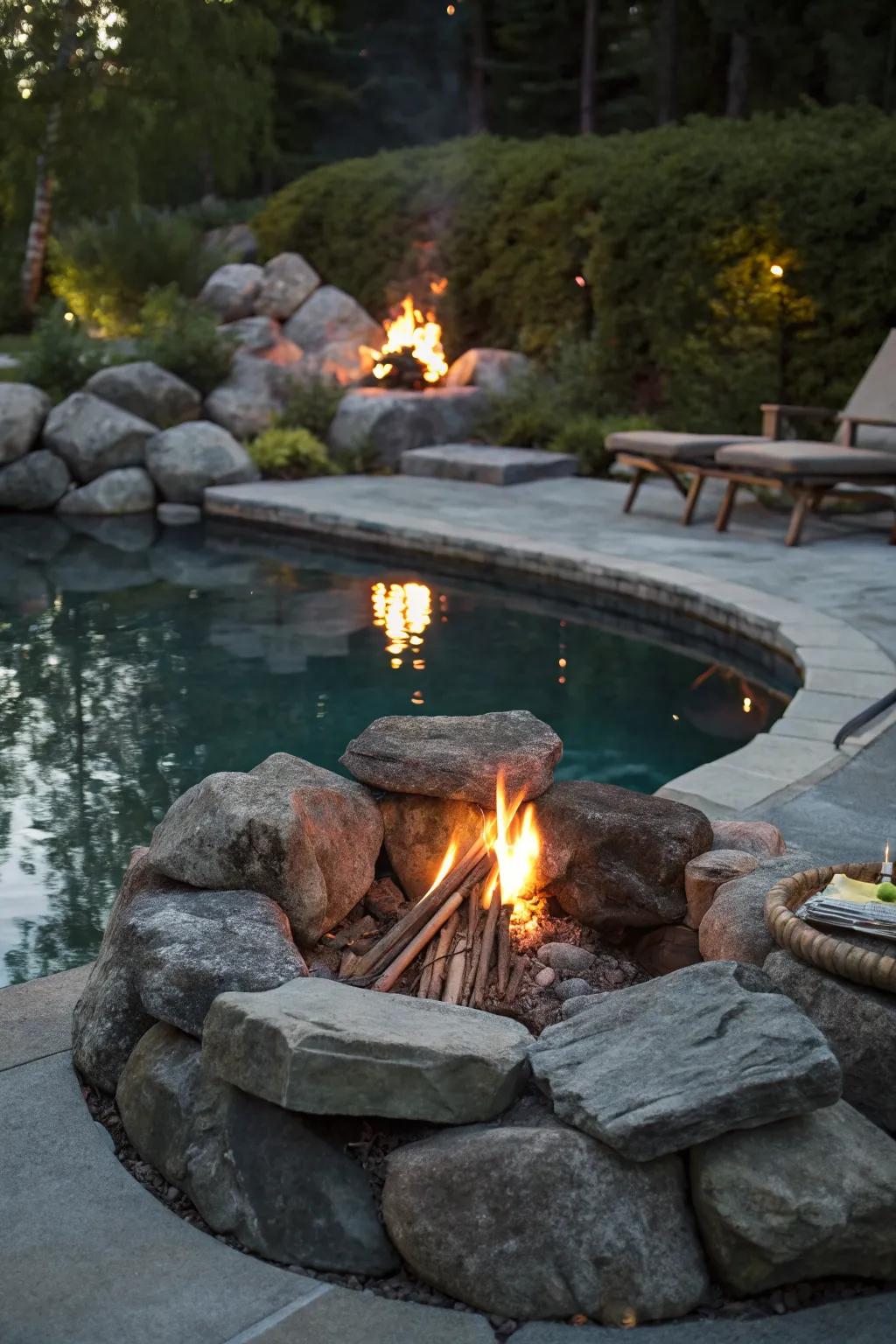 A rocky fire pit area adds warmth and a social focal point.