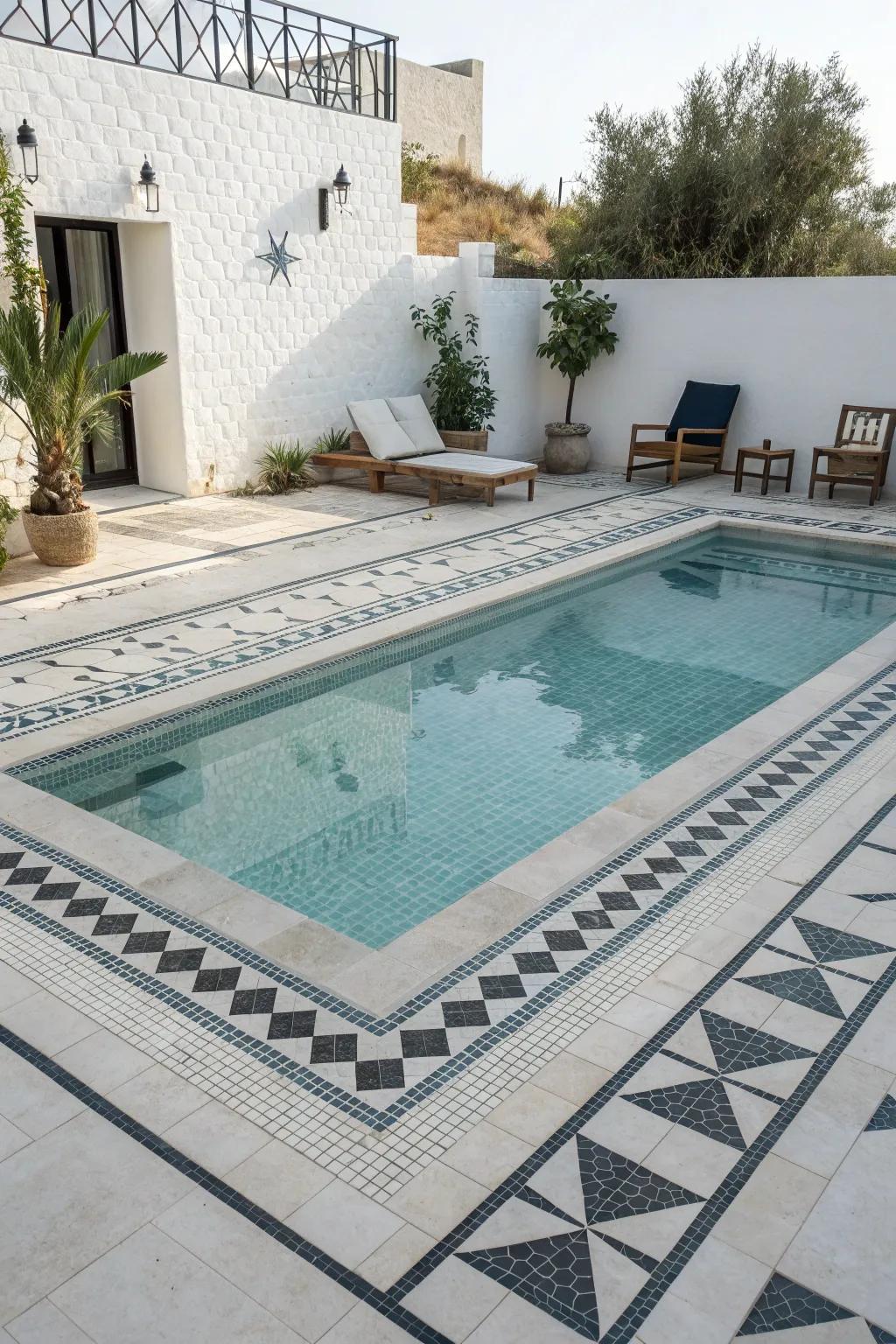 A minimalist pool with clean geometric mosaic designs.