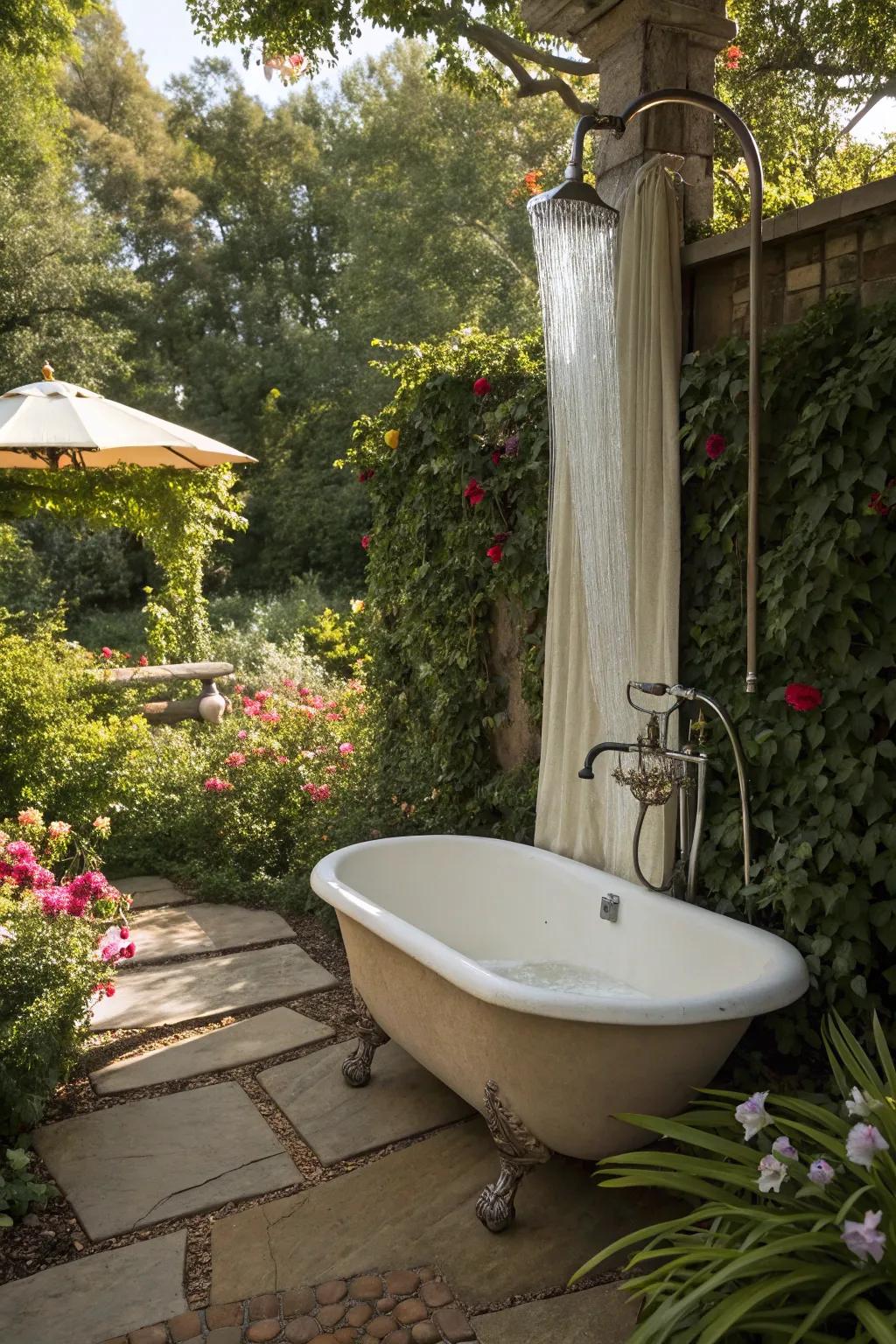 Indulge in luxury with a spa-like outdoor shower and tub.