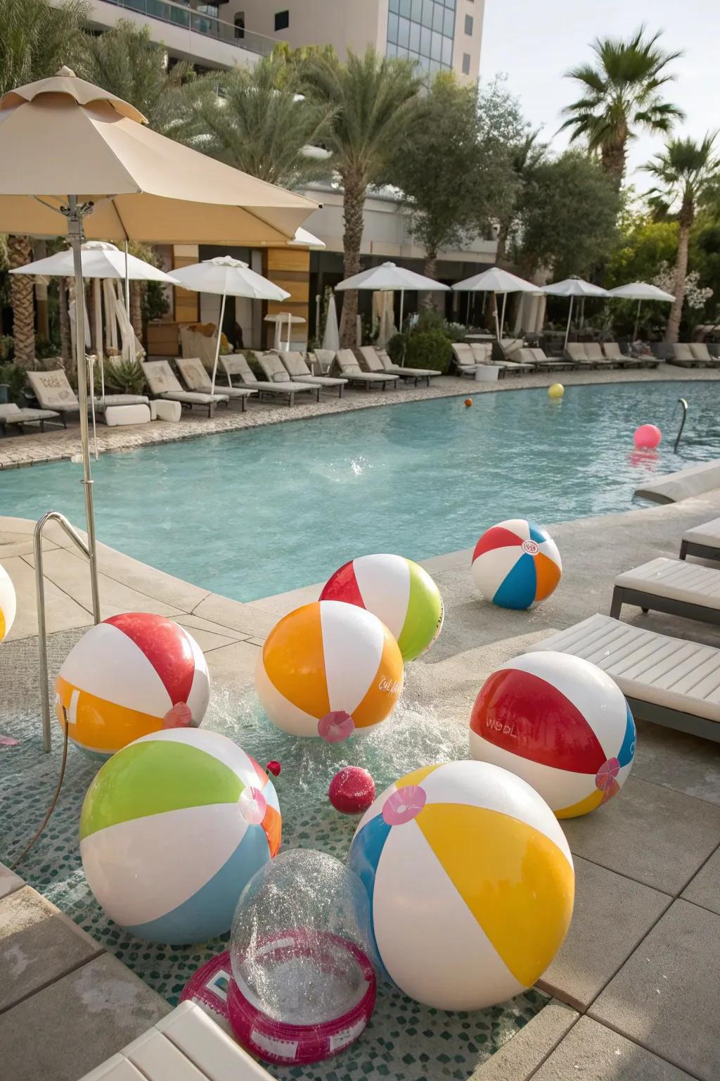Giant beach balls add a playful and colorful touch to the poolside.