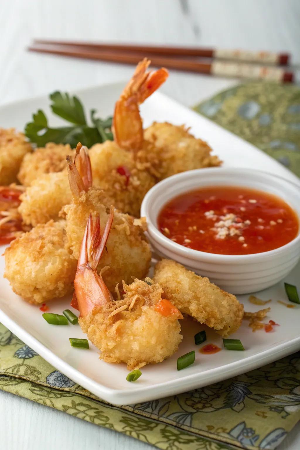 Exotic and crispy coconut shrimp with sweet chili sauce.