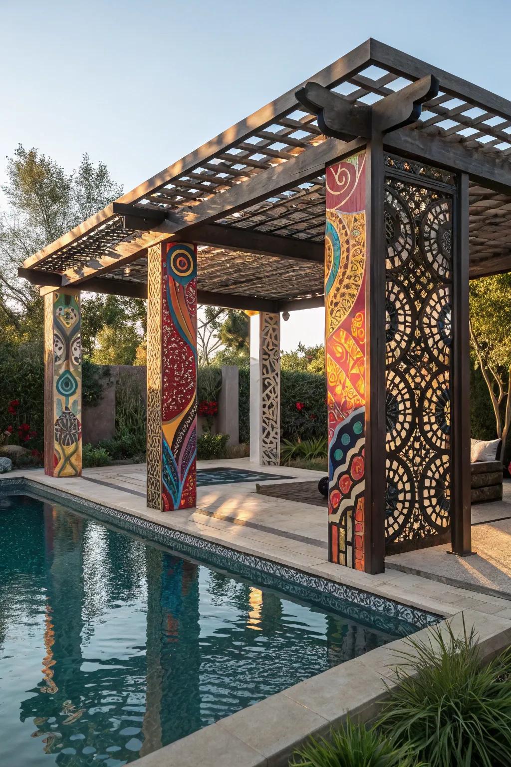 An artistic pergola with unique design features for a striking poolside look.
