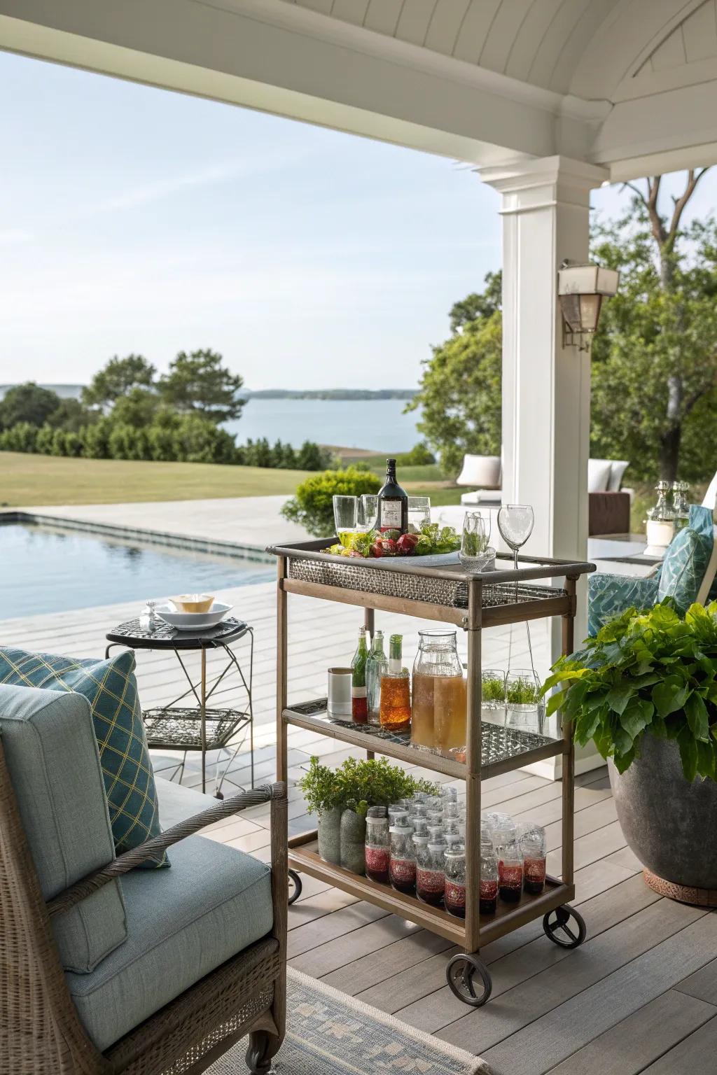 A chic poolside porch equipped with a stylish bar cart.