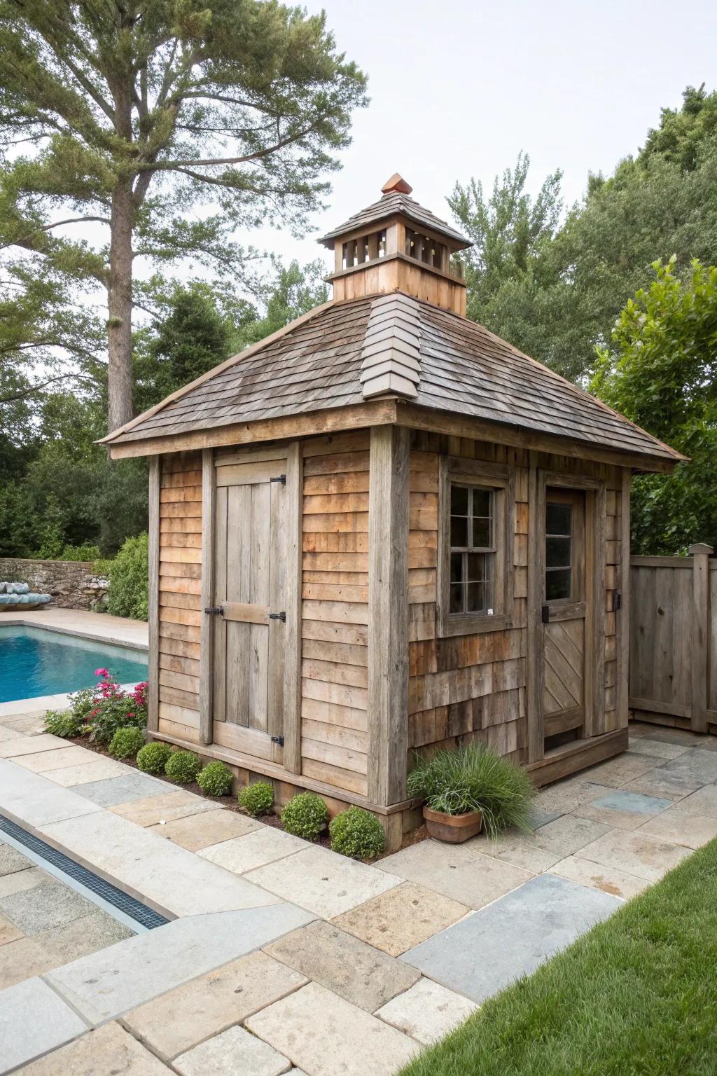 A rustic pool pump house made from reclaimed wood.