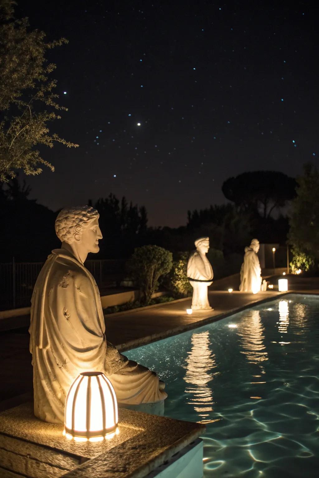 Illuminated statues create a magical evening ambiance by the pool.