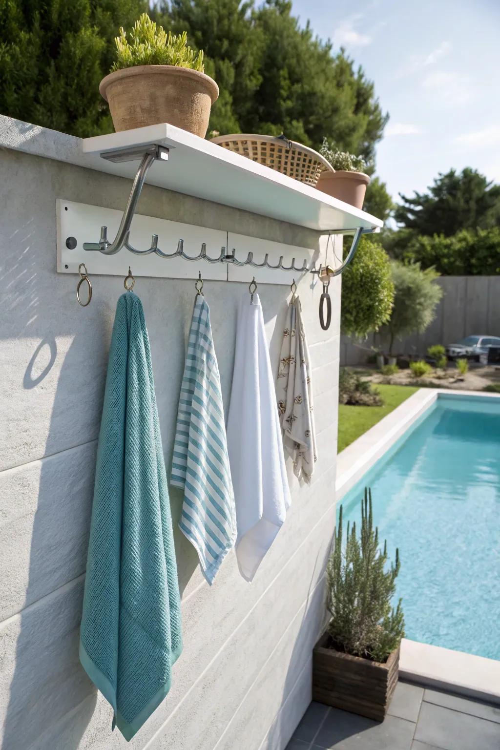 Maximize space with a floating shelf and hooks.