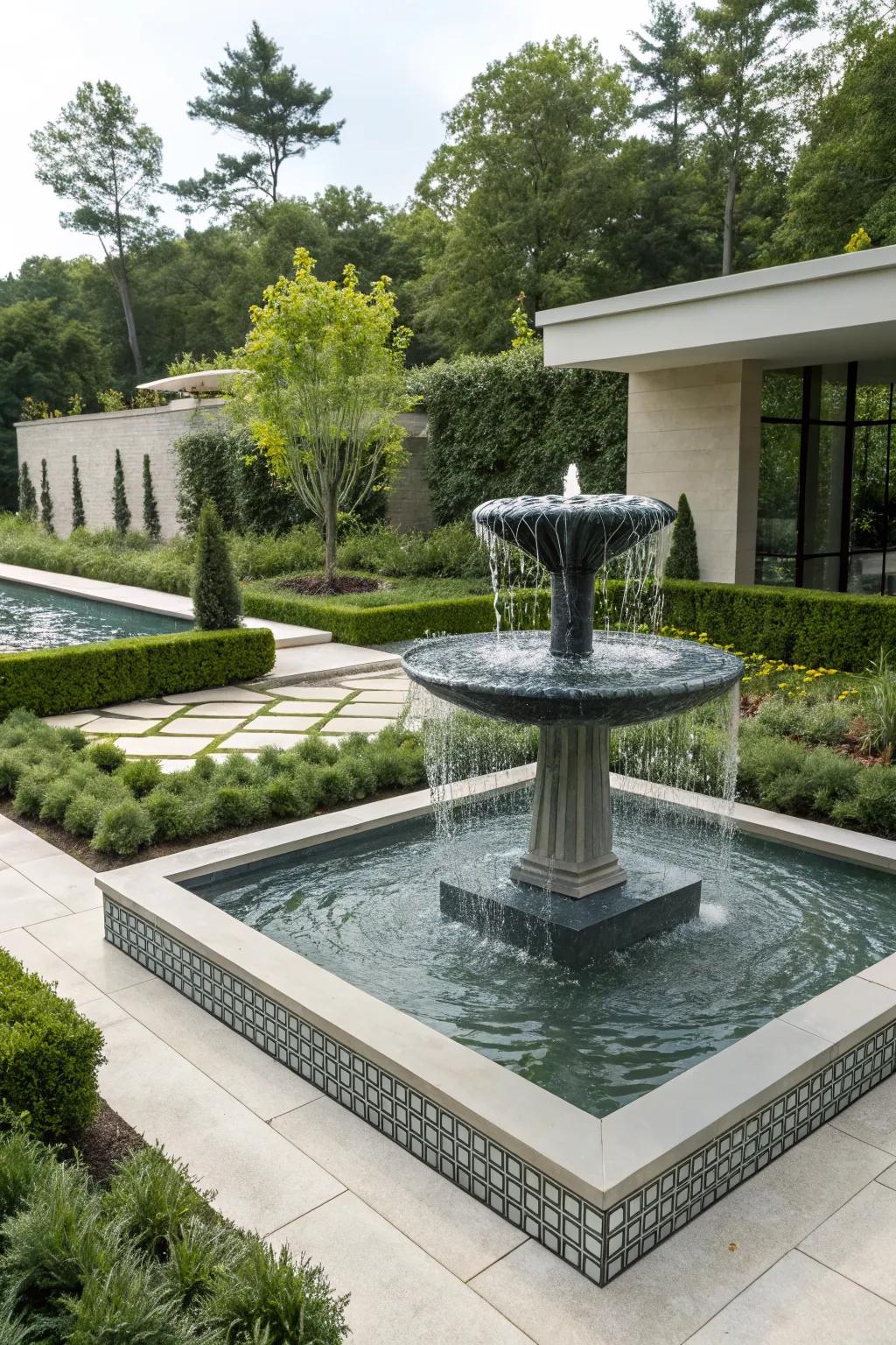 Sculptural fountains serve as beautiful art pieces.
