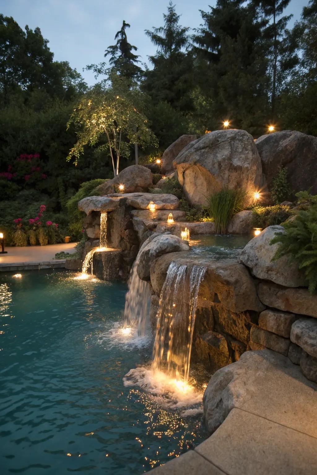 Boulder-integrated lights offer a seamless, natural illumination.