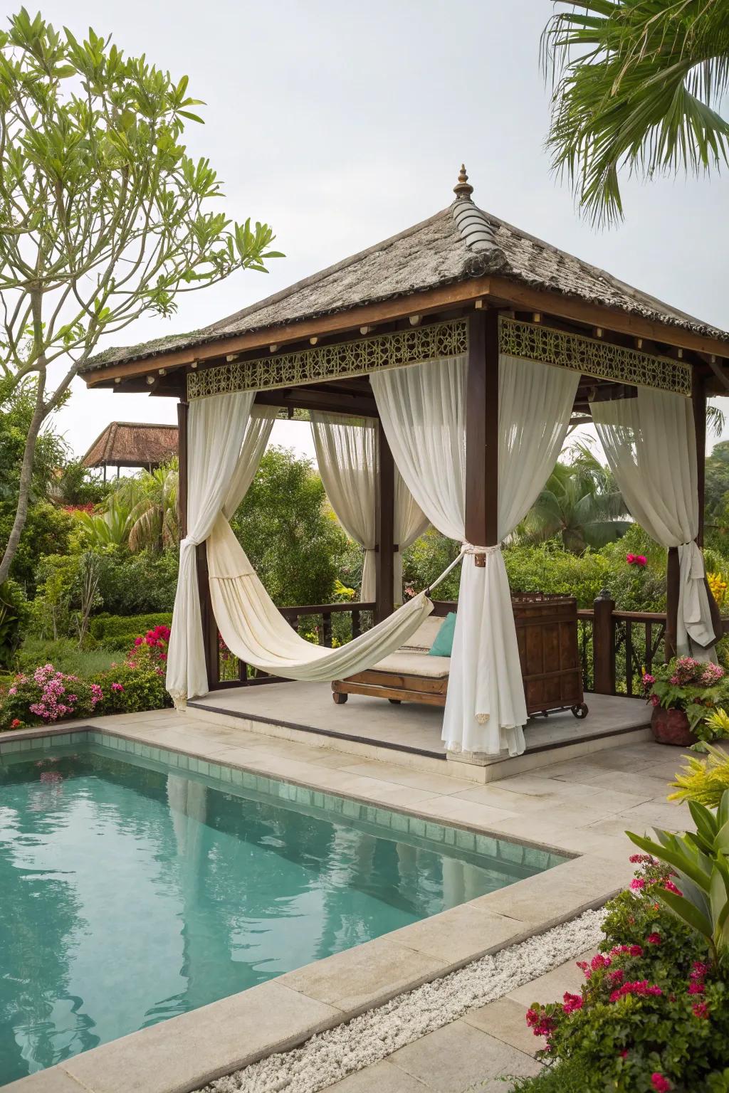 Unwind in style with a hammock in your poolside gazebo.