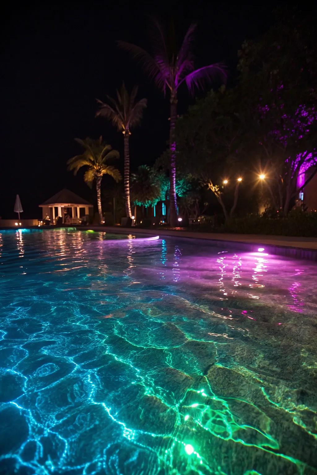 Underwater lighting creates a captivating pool atmosphere after dark.