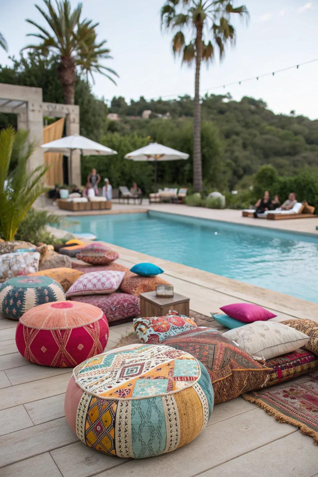 Add a boho touch with vibrant poufs and cushions.