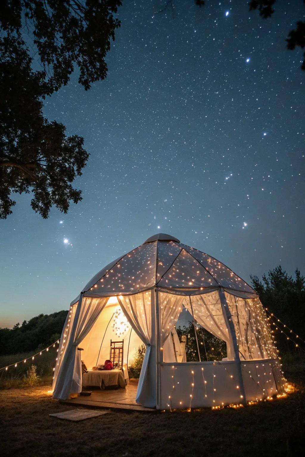 Create wonder with a mystical night sky tent theme.
