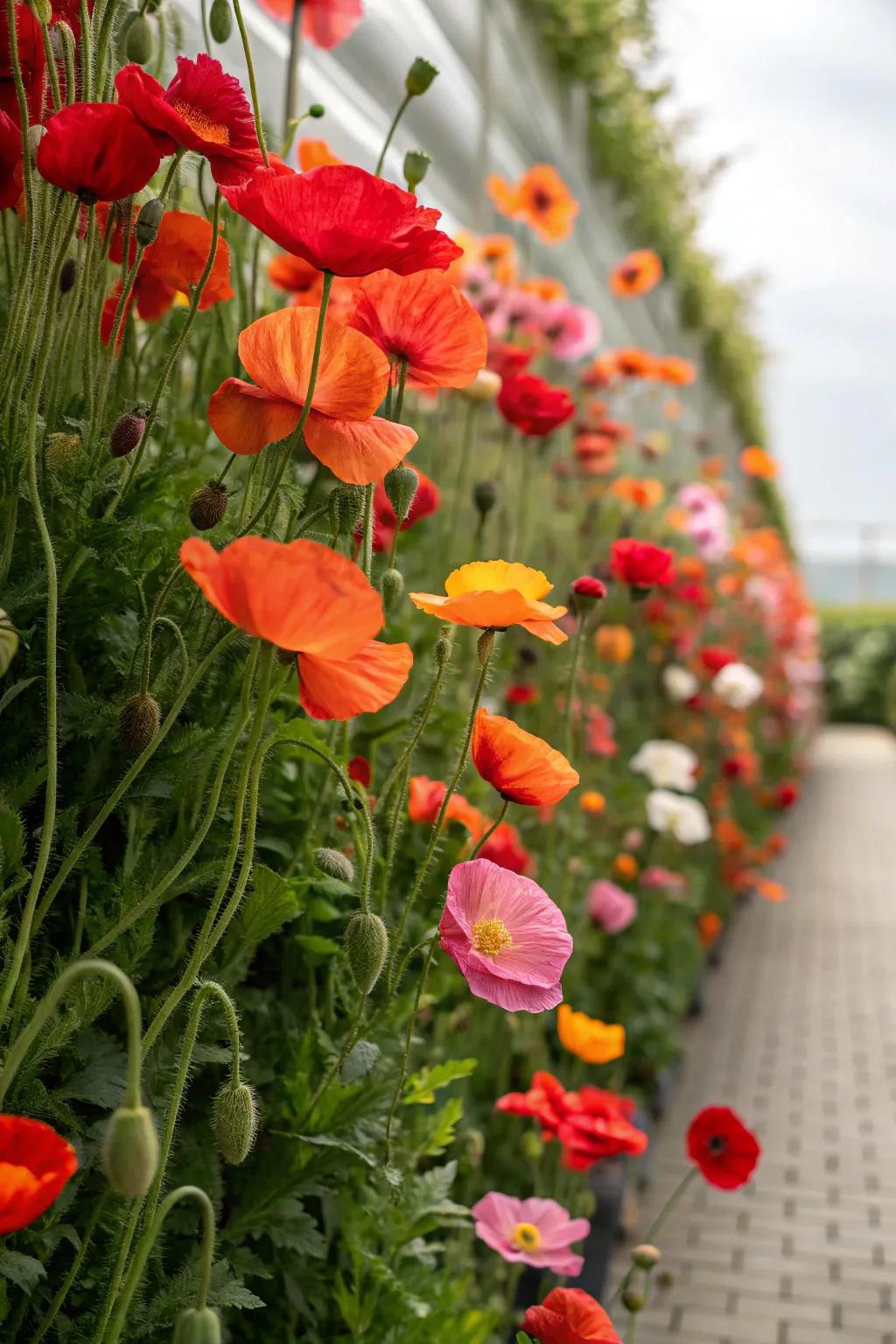 A modern vertical garden showcasing vibrant poppies.