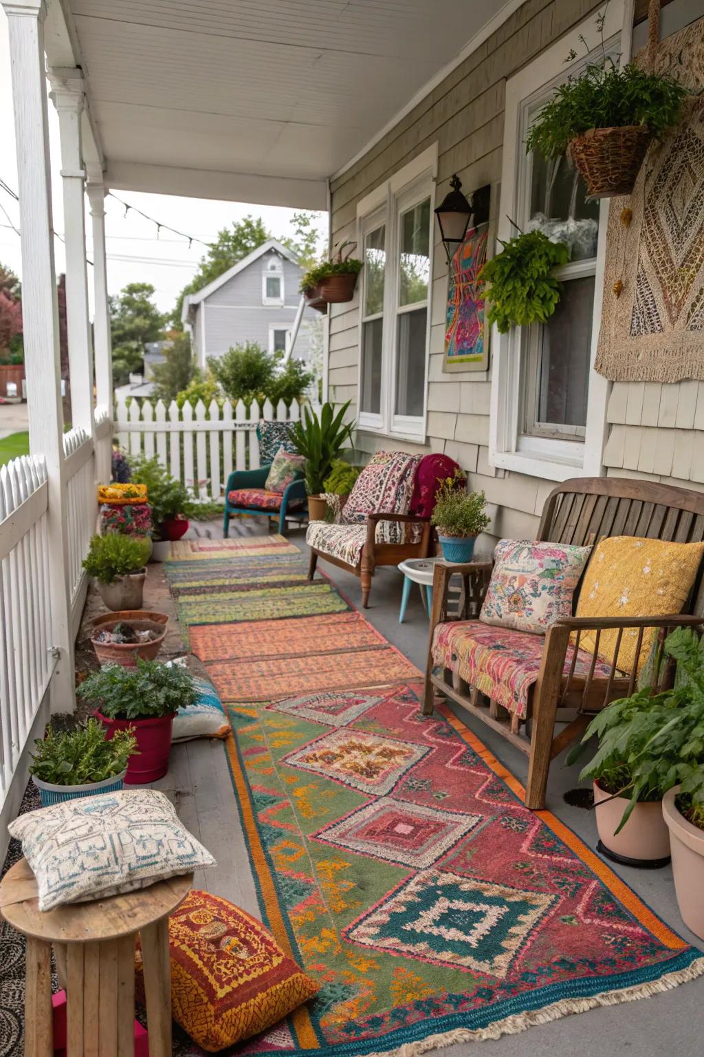 Mixing patterns creates a lively, personalized porch.