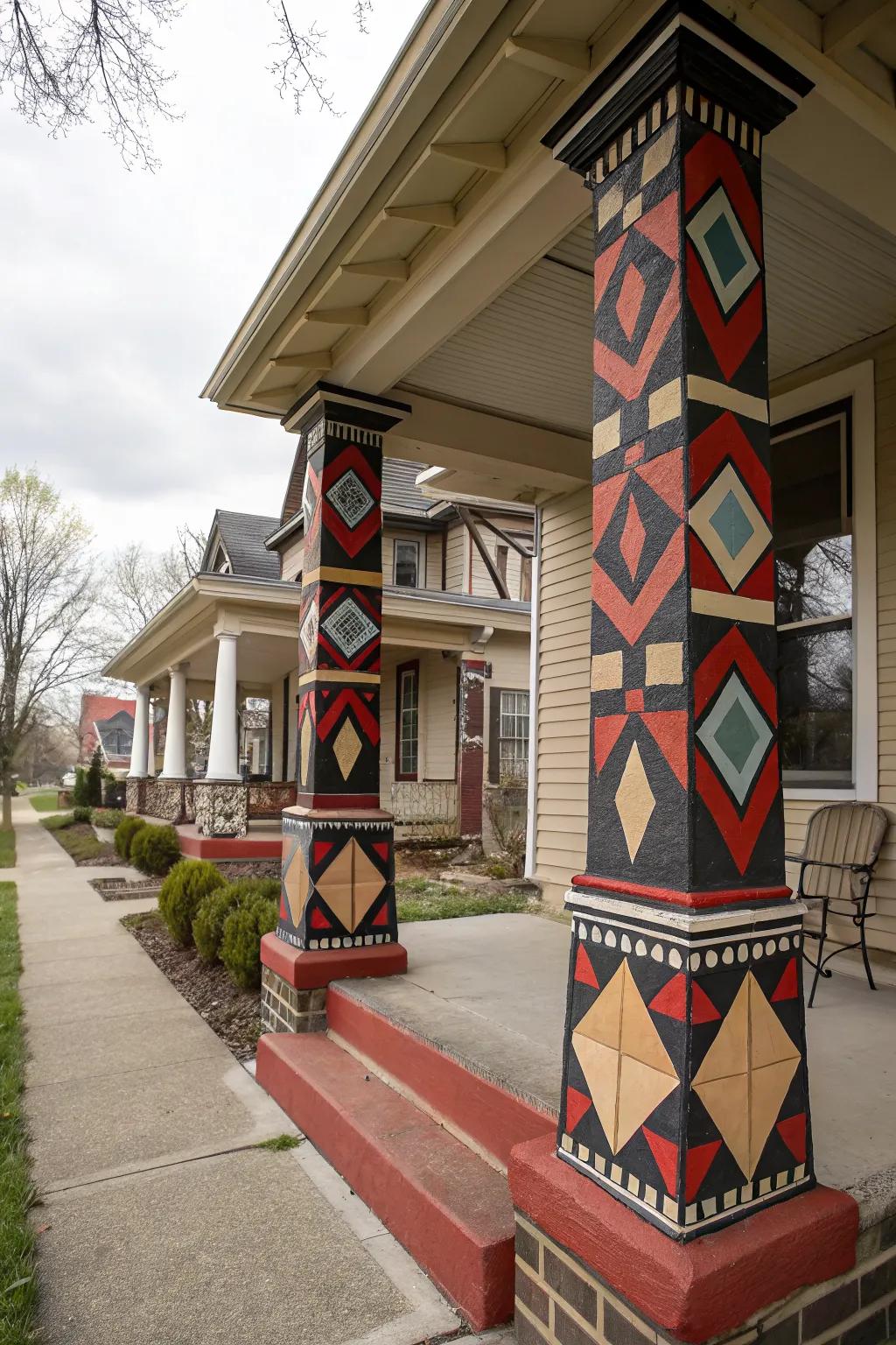 Geometric patterns create a modern and edgy look on porch columns.
