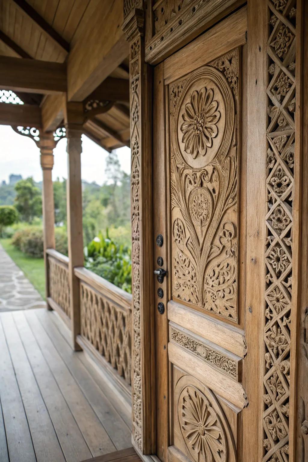 An artistic porch door with intricate carvings makes a bold statement.
