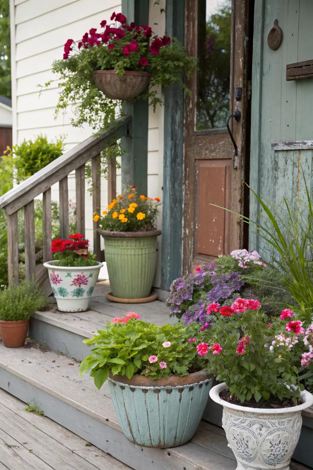 An eclectic mix of flower pots adds a bohemian touch to the porch.