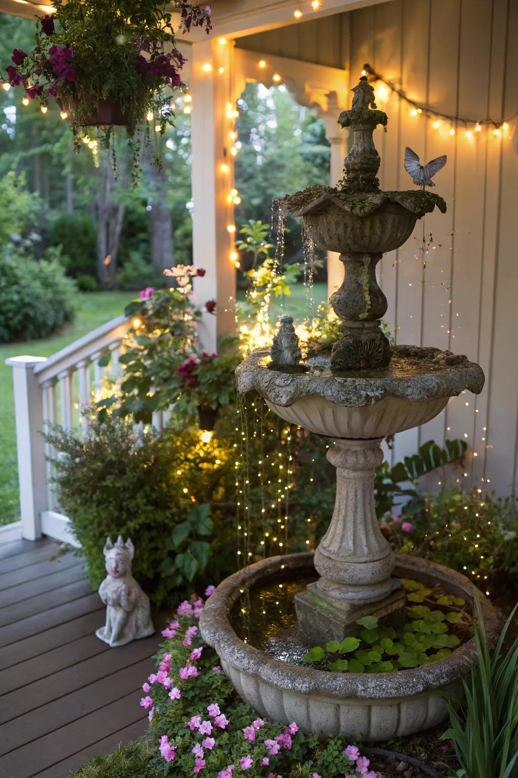 A mystical fairy fountain brings enchantment to your porch.