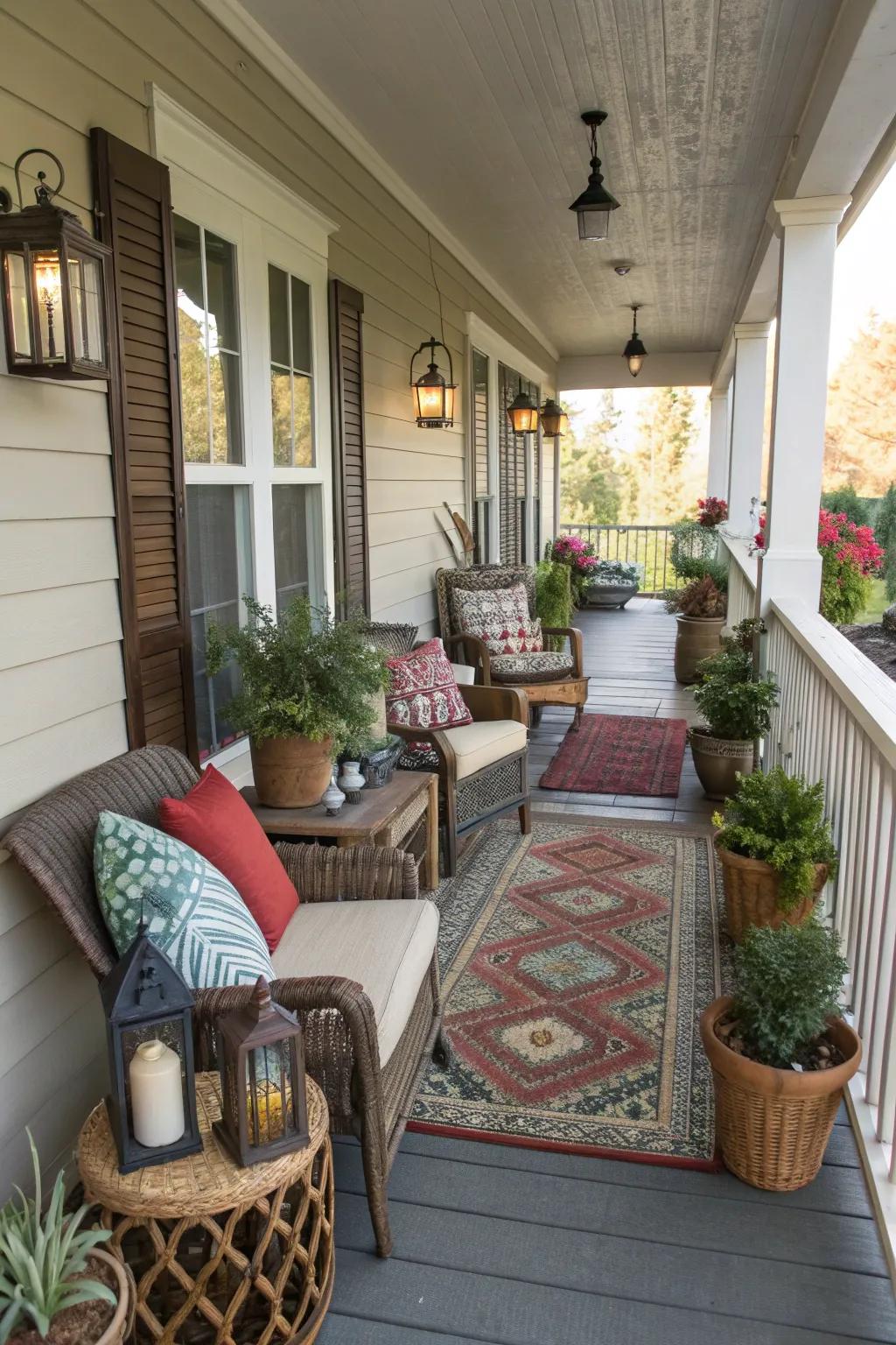 A narrow porch optimized with multiple functional zones.