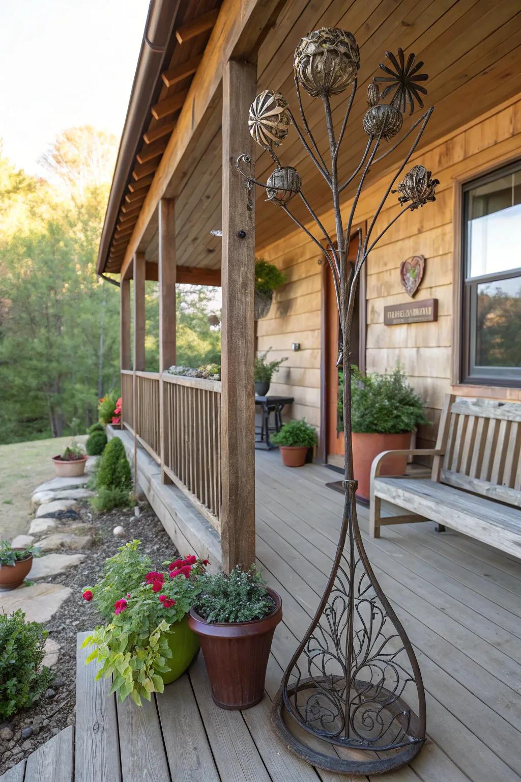 An unexpected art piece adds unique flair to the porch.