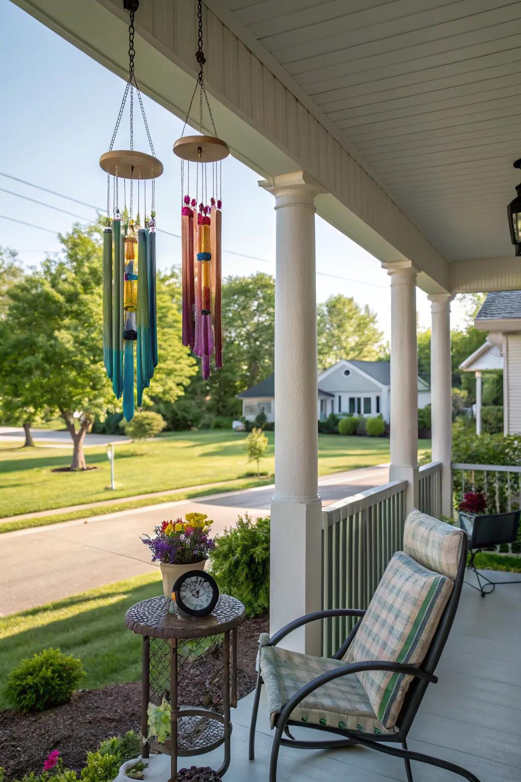 Wind chimes add a soothing melody to your porch atmosphere.