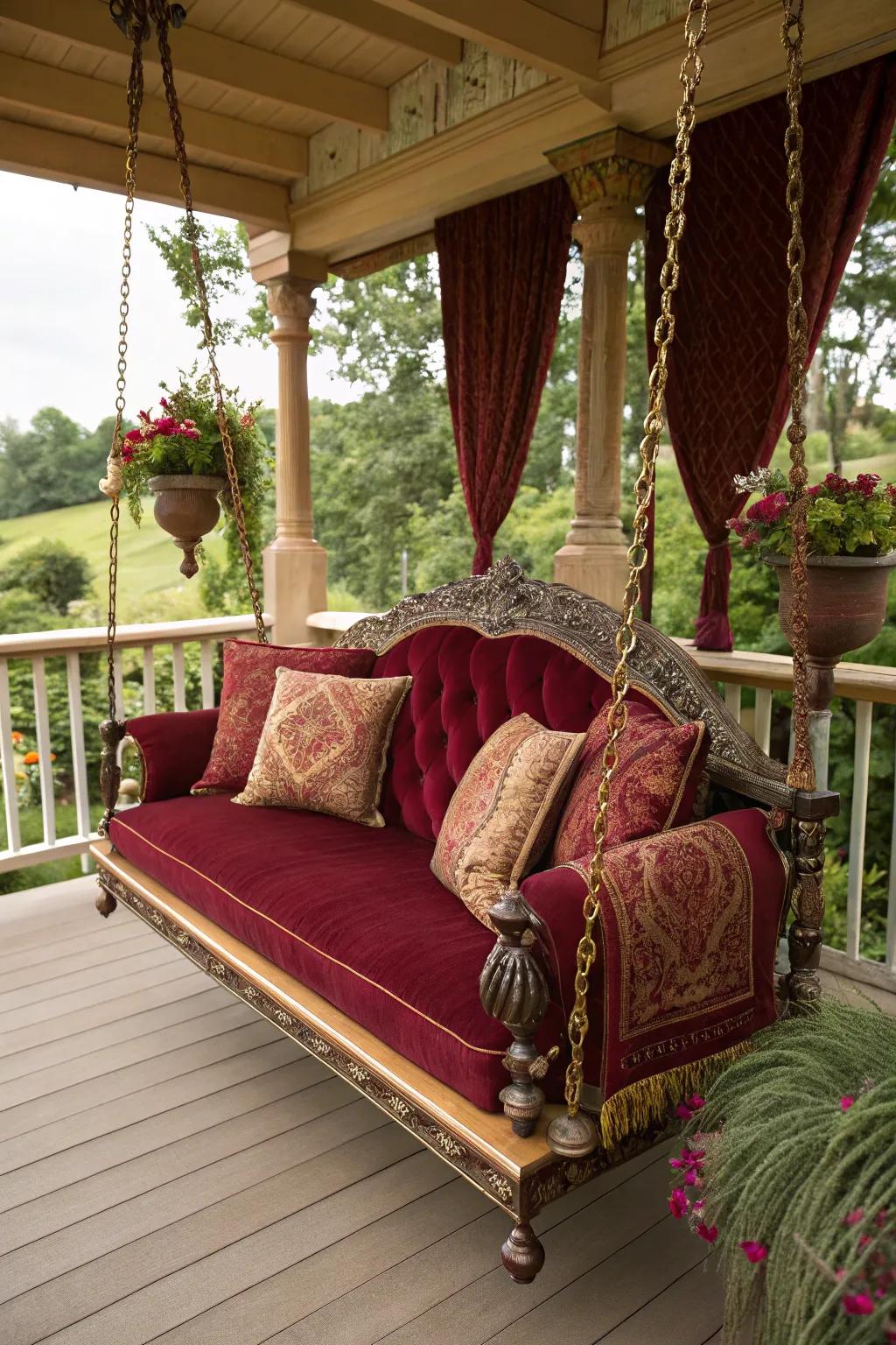 A burgundy porch swing adds a touch of luxury and richness to the porch.