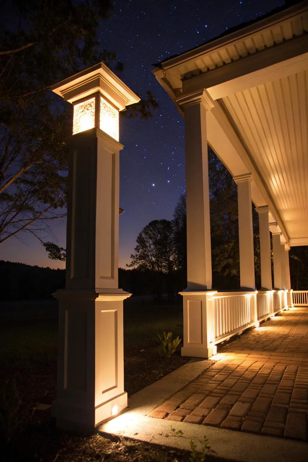 Illuminated post covers add a magical glow to your porch at night.