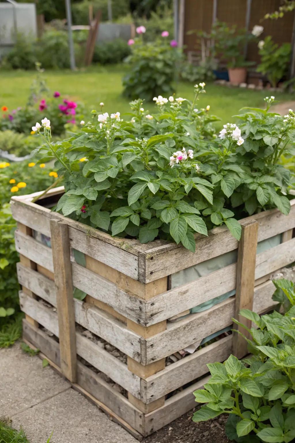 Wood pallet bins offering a sturdy solution for growing potatoes.