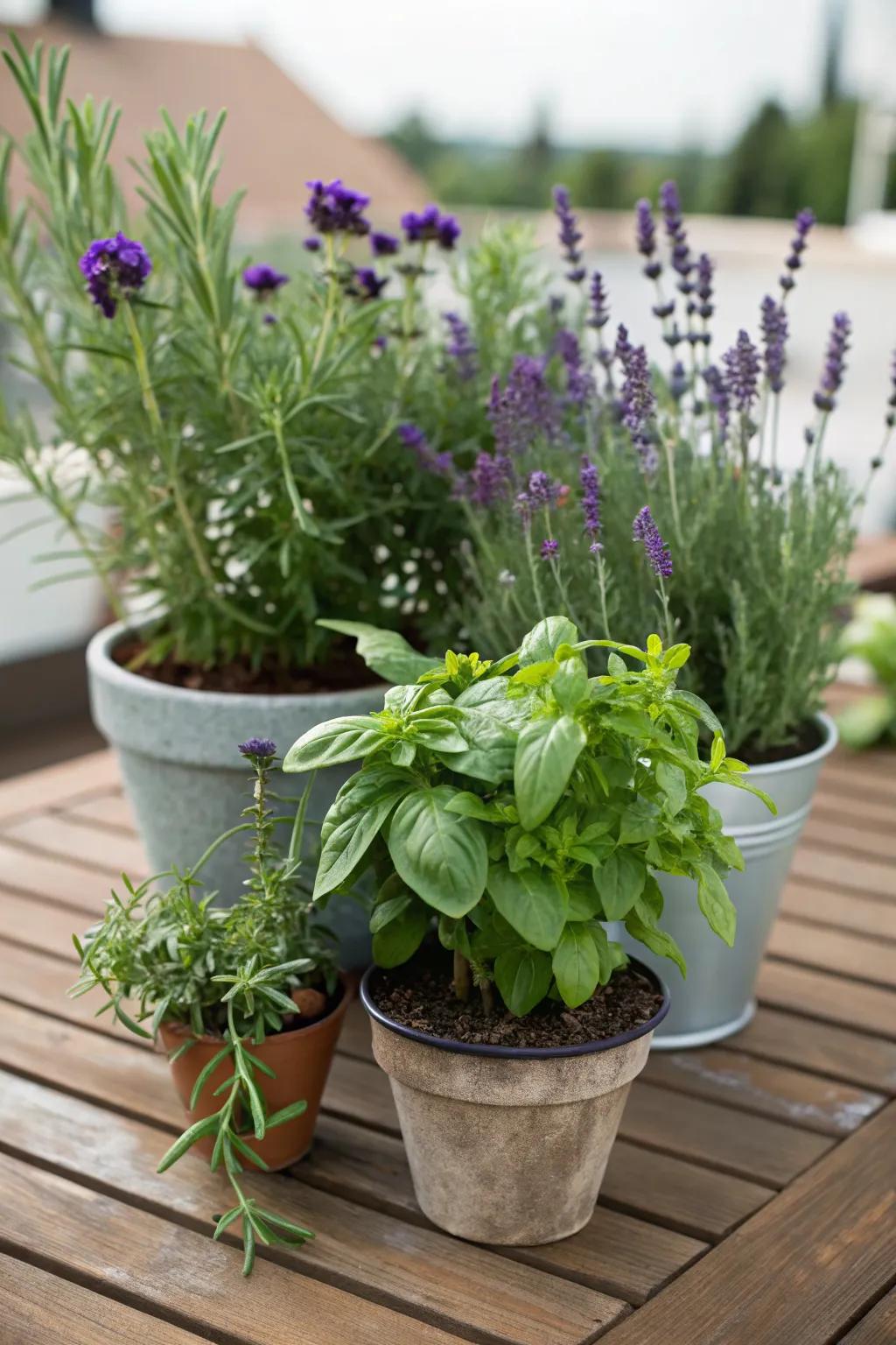Herbs and flowers create a fragrant display.