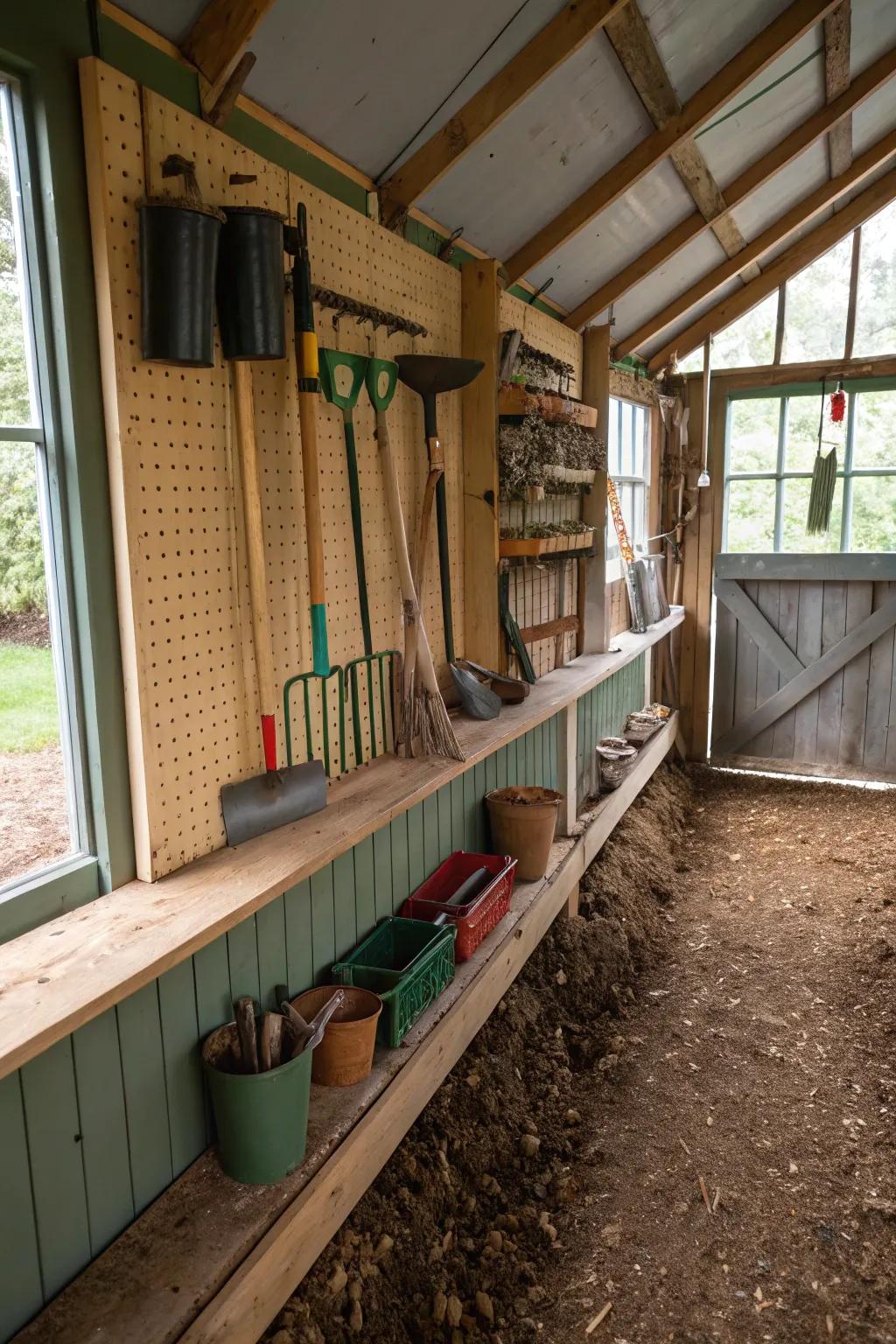 Clever storage solutions inside a potting shed.