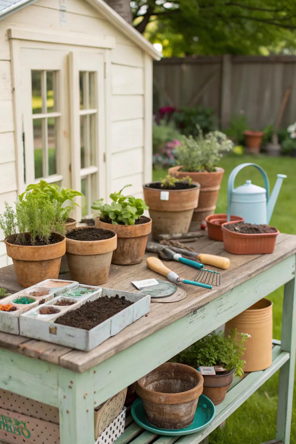 A charming potting station created by repurposing an old table.